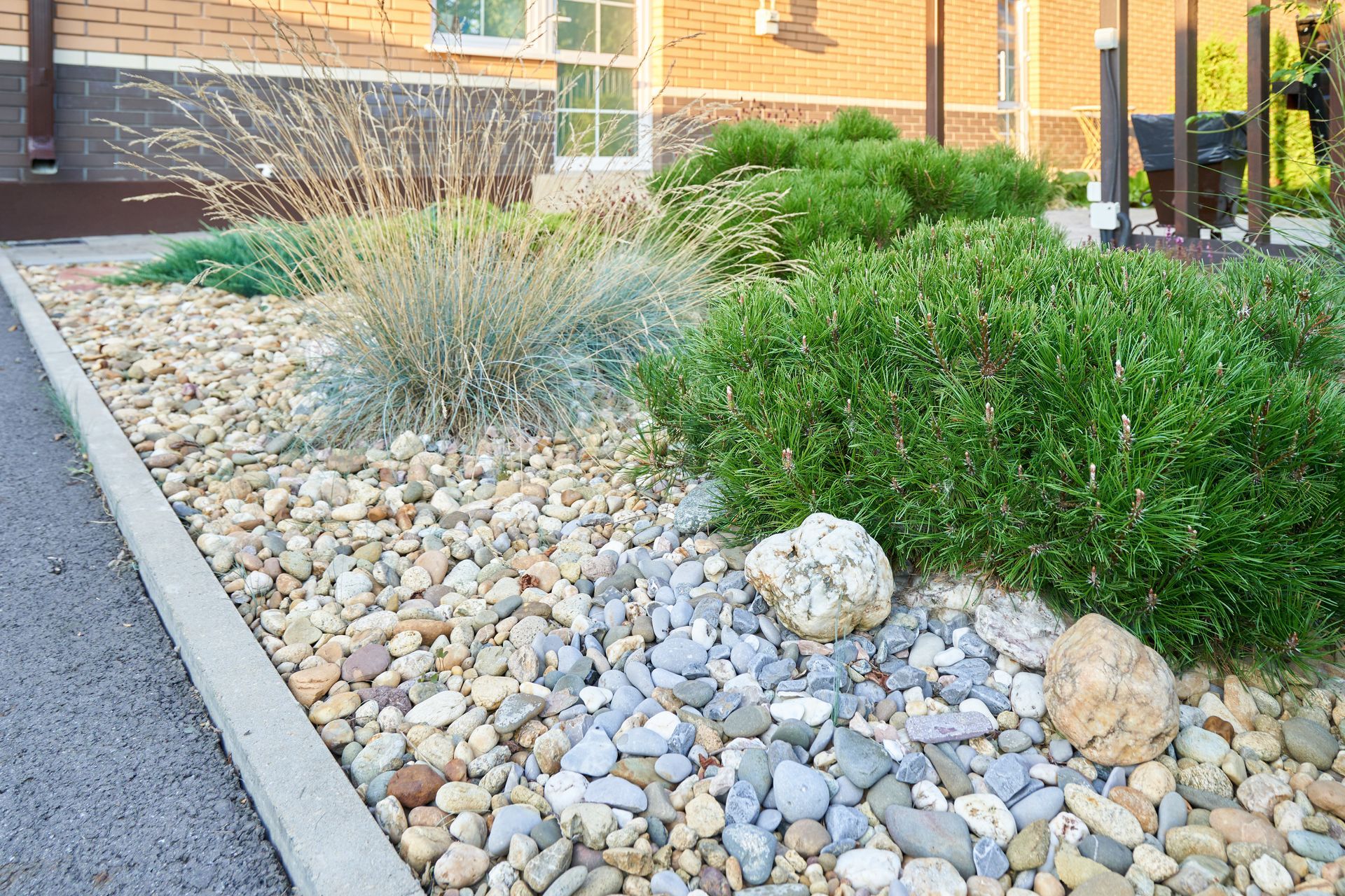 Stone-covered garden bed with green and gray plants; neutral tones; sunny outdoors.