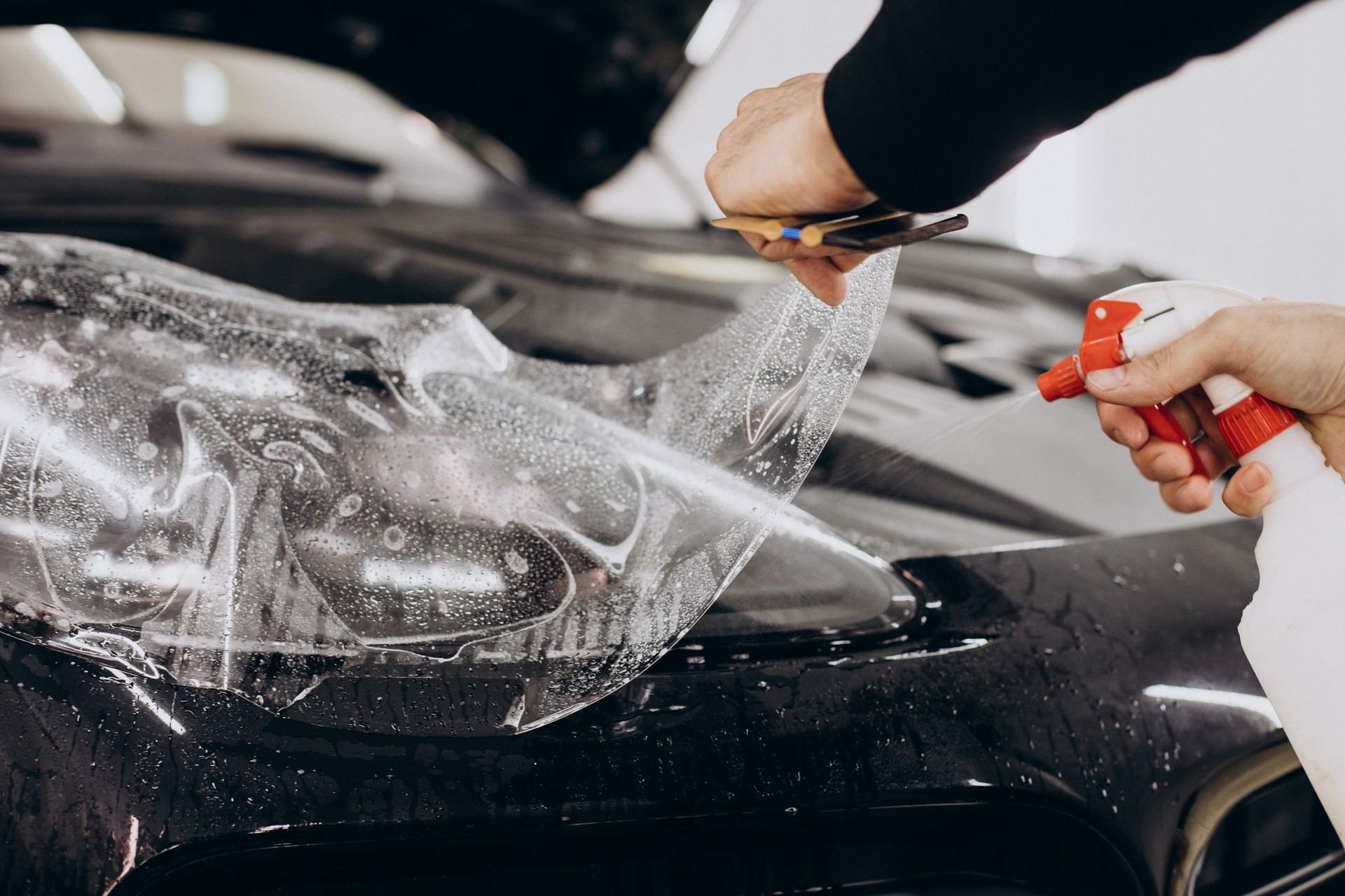 installing paint protection film on car hood