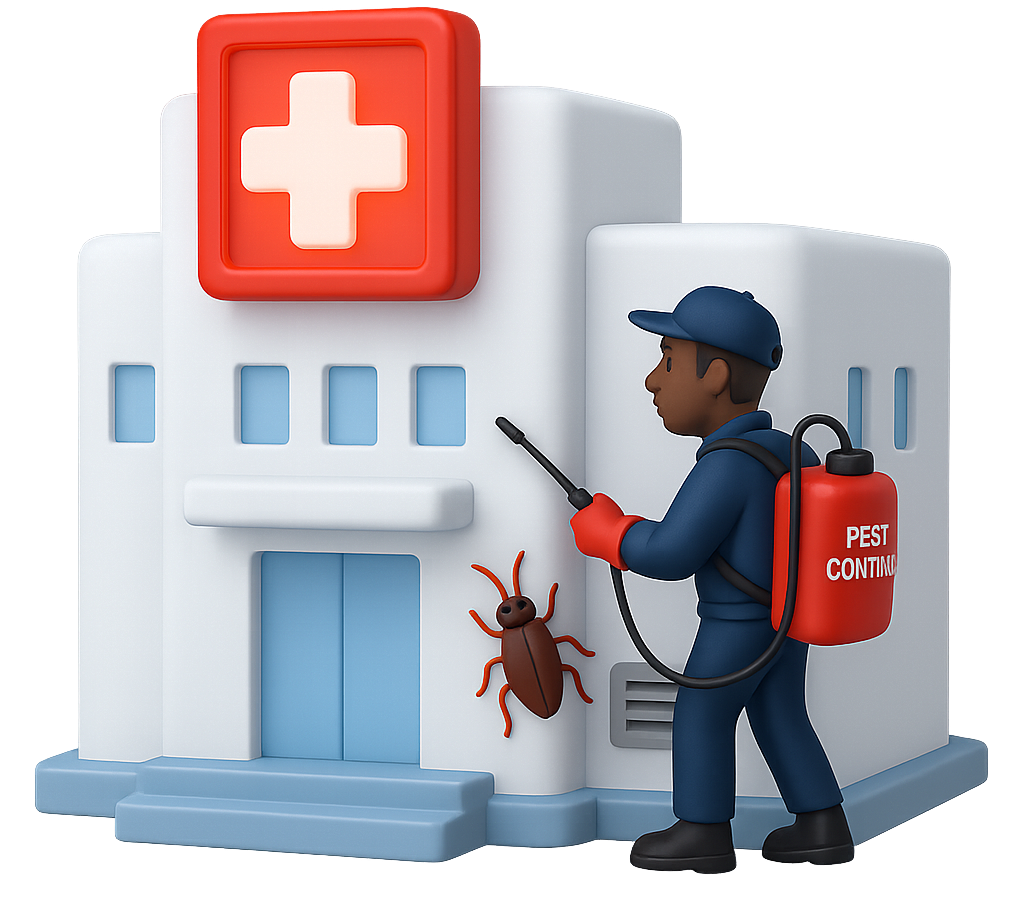 A red cross in a red hexagon on a white background. Hospital and clinic pest control | pest control new york city