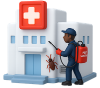 A red cross in a red hexagon on a white background. Hospital and clinic pest control | pest control new york city 