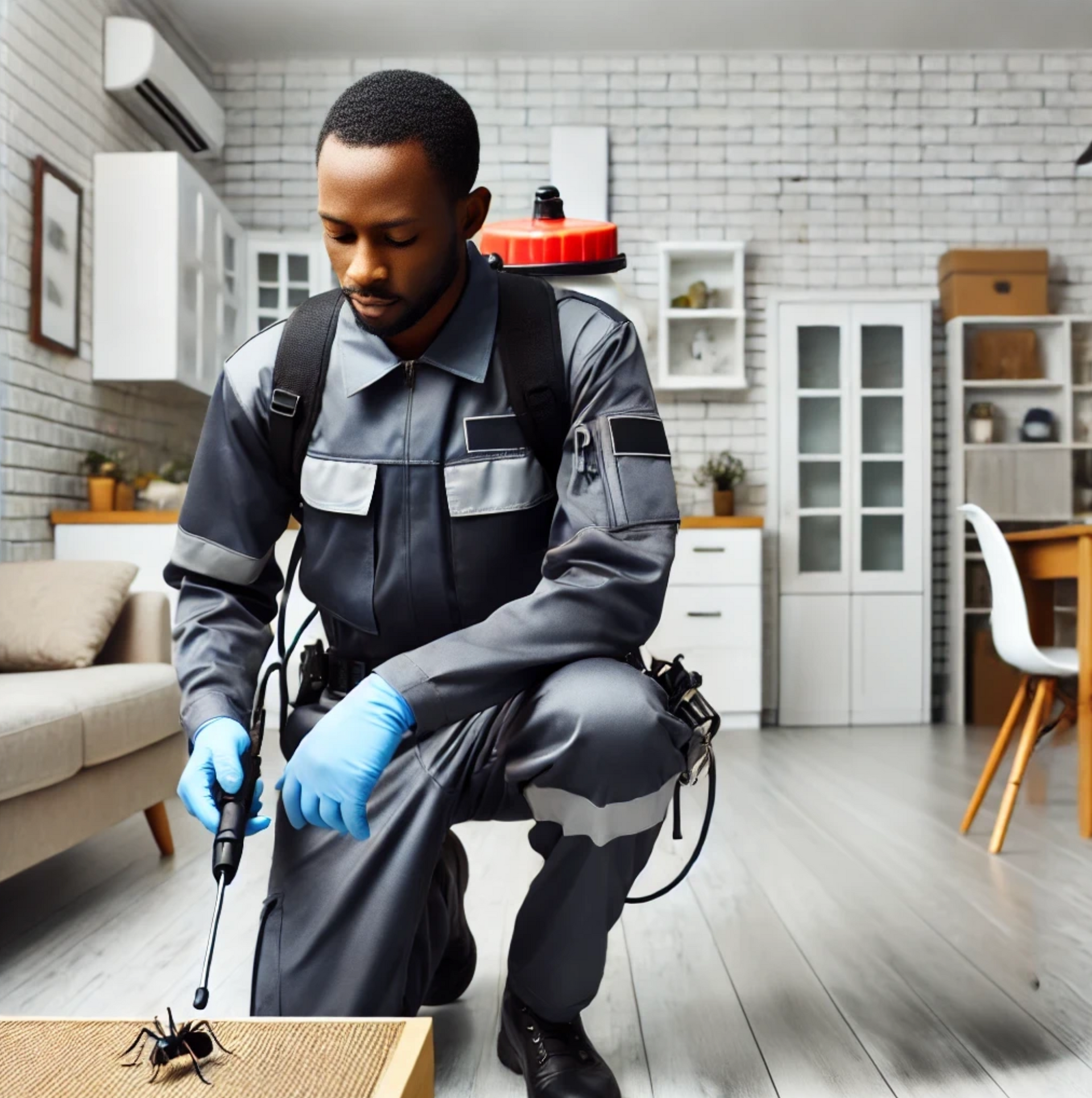 A man is kneeling down in a living room with a spider on a box | pest control new york city 