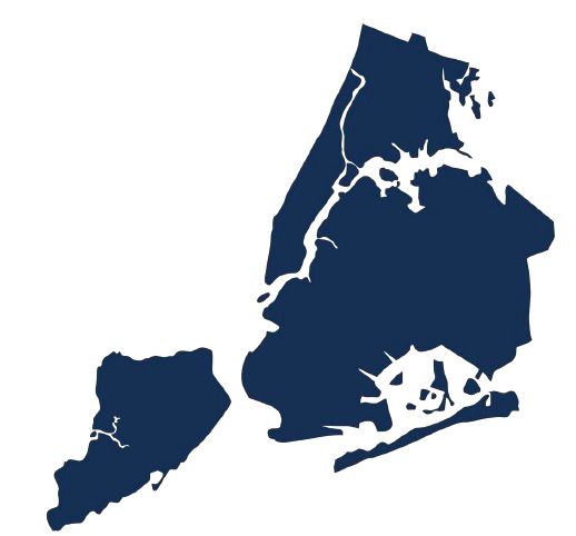 Map of New York City, showing its five boroughs in a dark blue color.