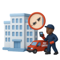 A red line drawing of three buildings on a white background. commercial pest control | pest control new york city 