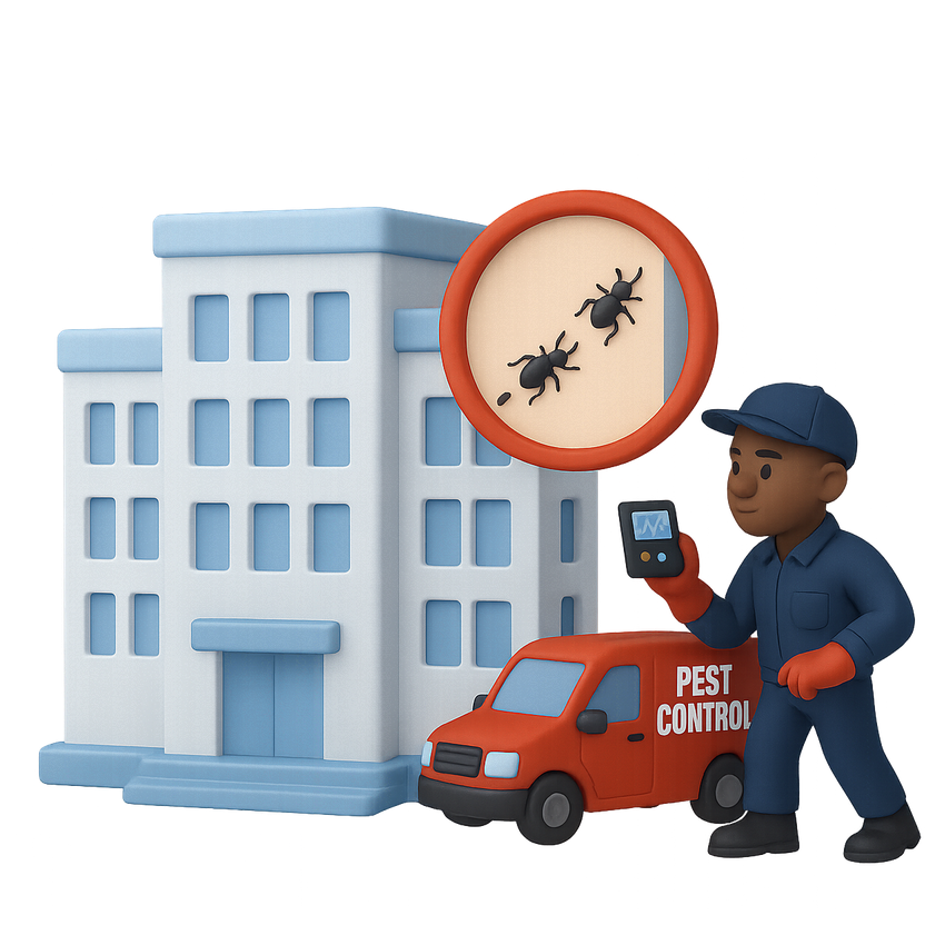 A red line drawing of three buildings on a white background. commercial pest control | pest control new york city 