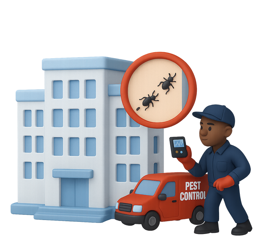 A red line drawing of three buildings on a white background. commercial pest control | pest control new york city