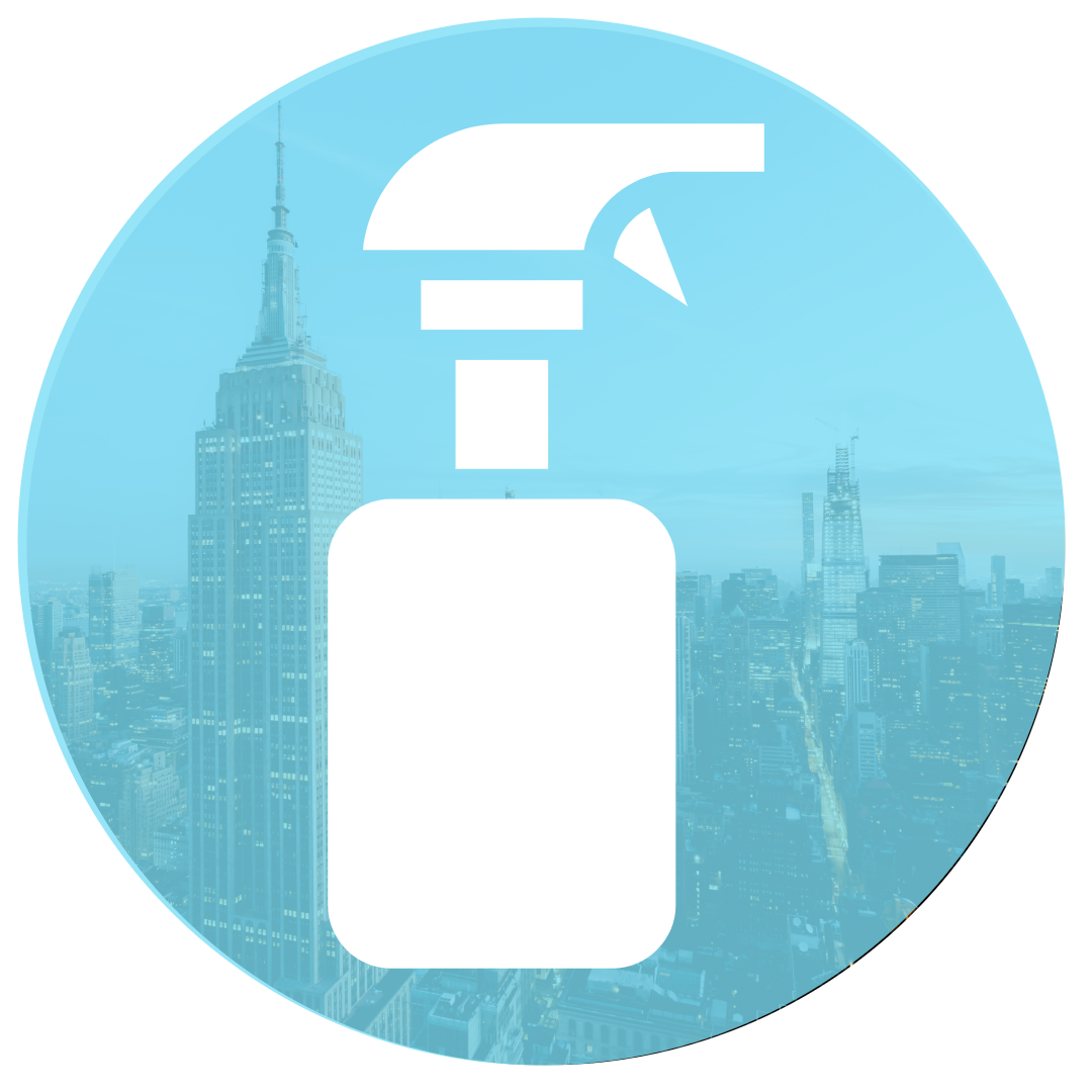 An icon of a disinfecting spray bottle in front of a city skyline