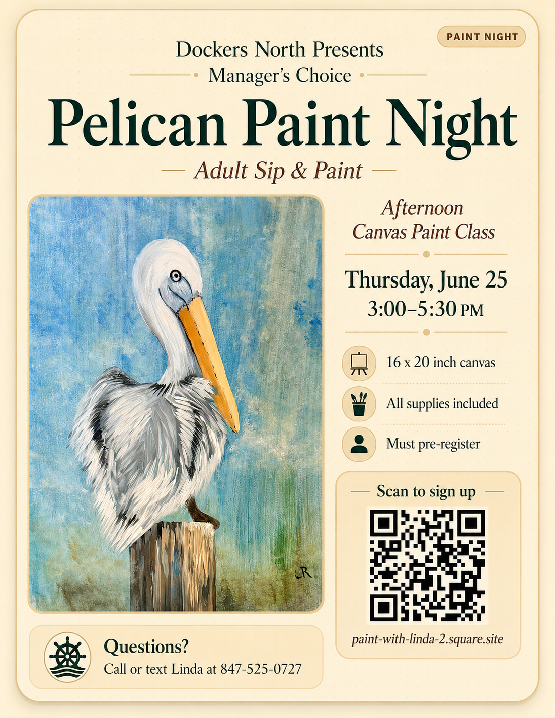 Pelican Paint Night flyer at Dockers North