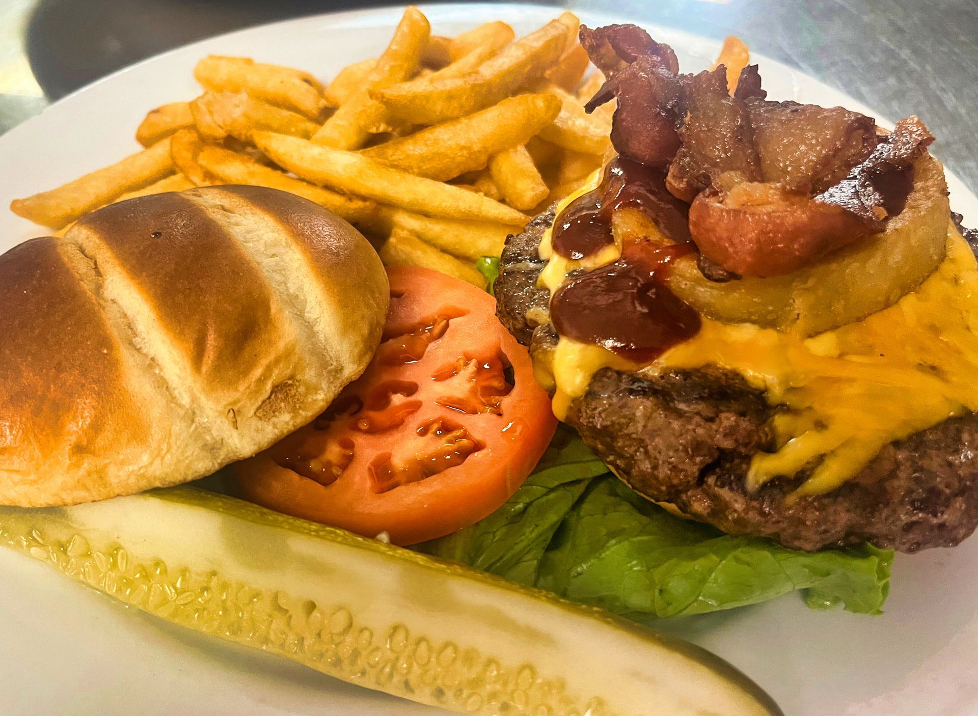 Cowboy burger and fries from Dockers North