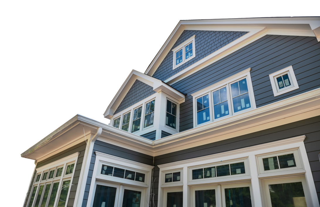 A large house with a lot of windows on a white background.