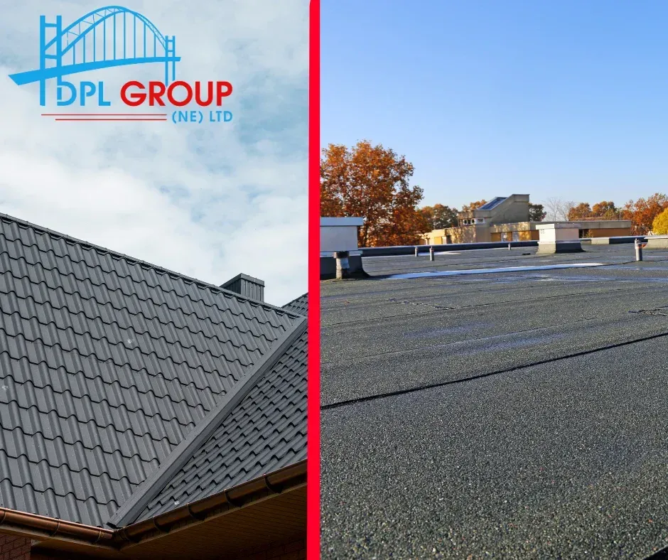 Split image of a gray tiled roof and a flat rooftop under a blue sky with TPL Group logo