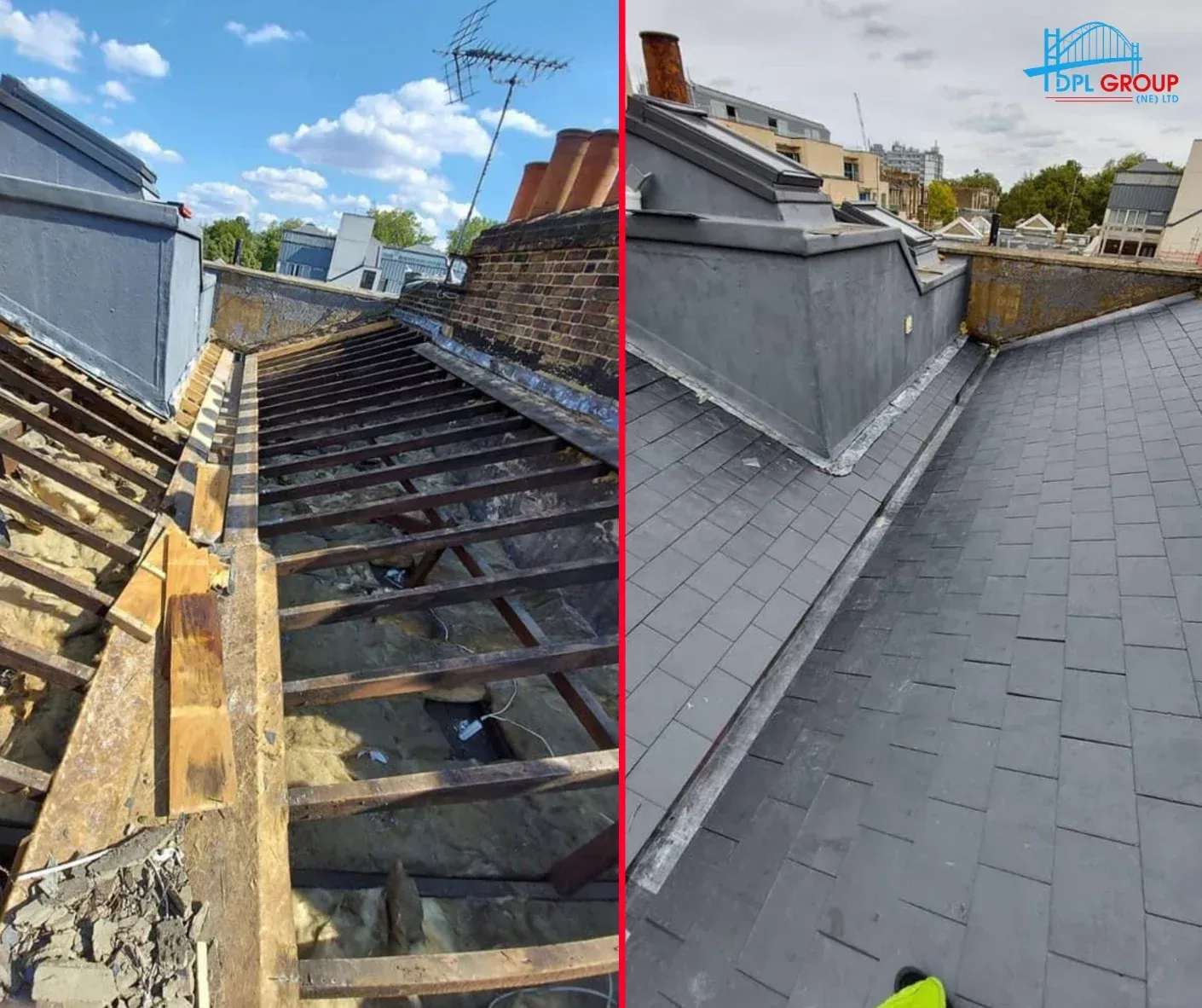 Split-view rooftop: old damaged roof framing beside a newly repaired gray slate roof.