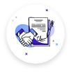 Handshake beside a document with a pen, outlined in blue and purple on a white background