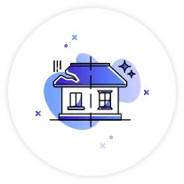 Illustrated house icon with blue roof and sparkles on a white circle background