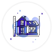 Blue house illustration with a ladder and sparkles on a white background