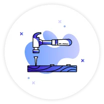 Illustration of a mechanical arm drilling into a blue surface with purple accents