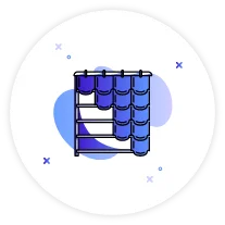 Blue clothes rack with hanging shirts and a folded towel on a white circular background