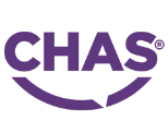 CHAS logo in purple with curved line beneath the text