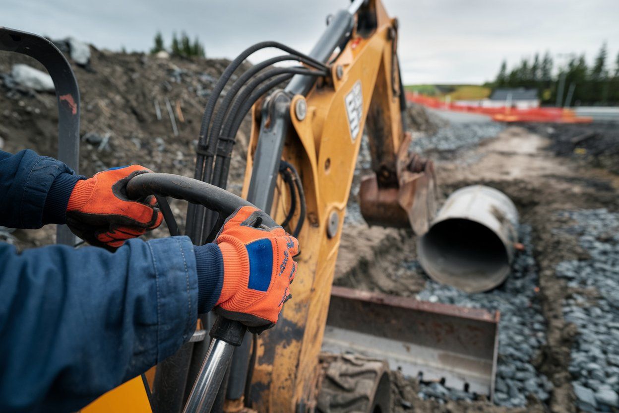 A large yellow excavator is demolishing a building.