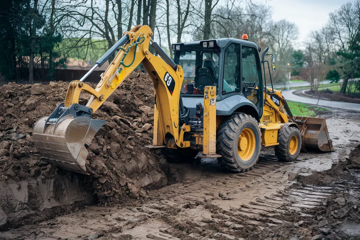 A large yellow excavator is demolishing a building.