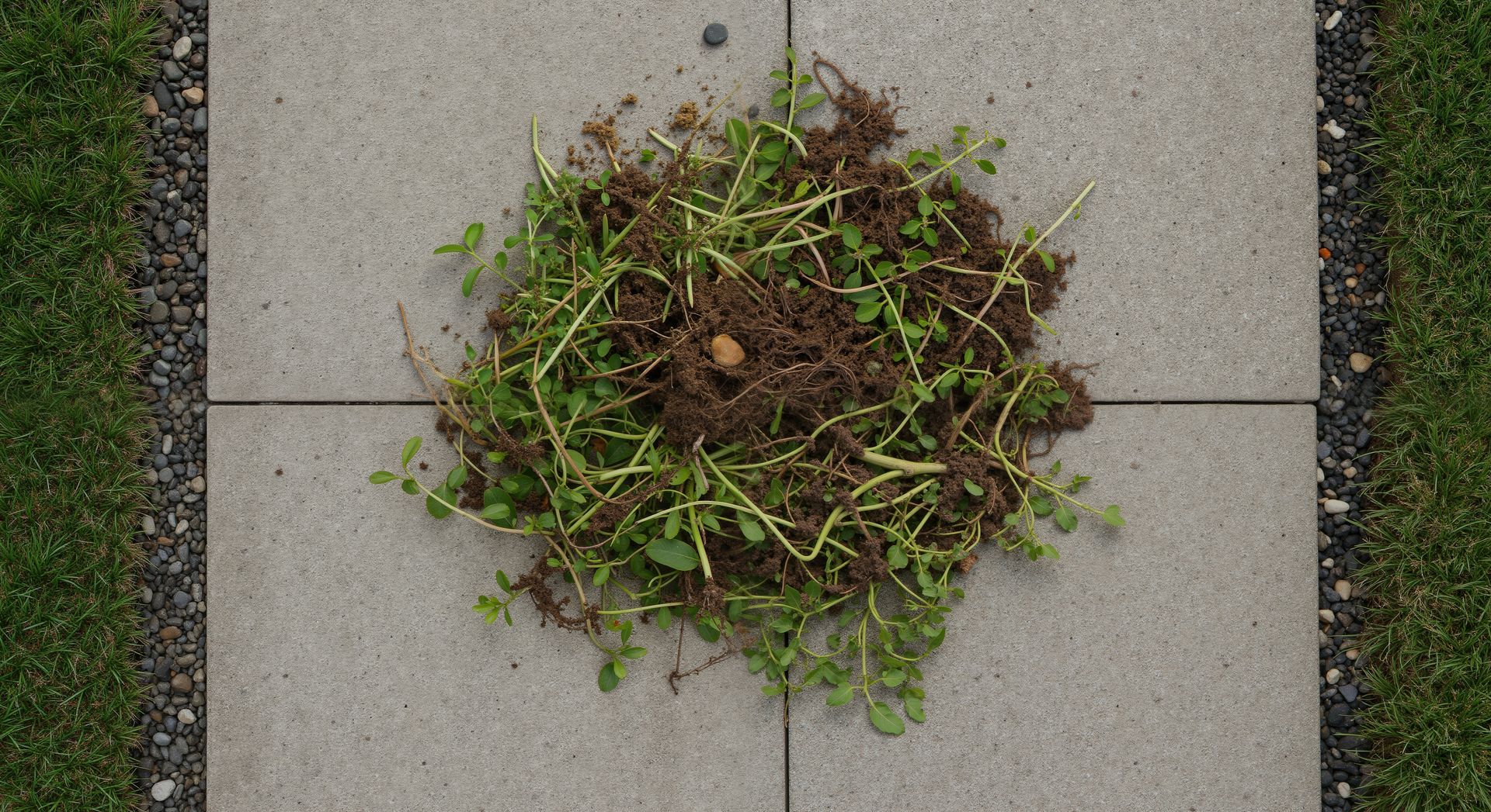 Top view of pulled weeds on stone patio tile.