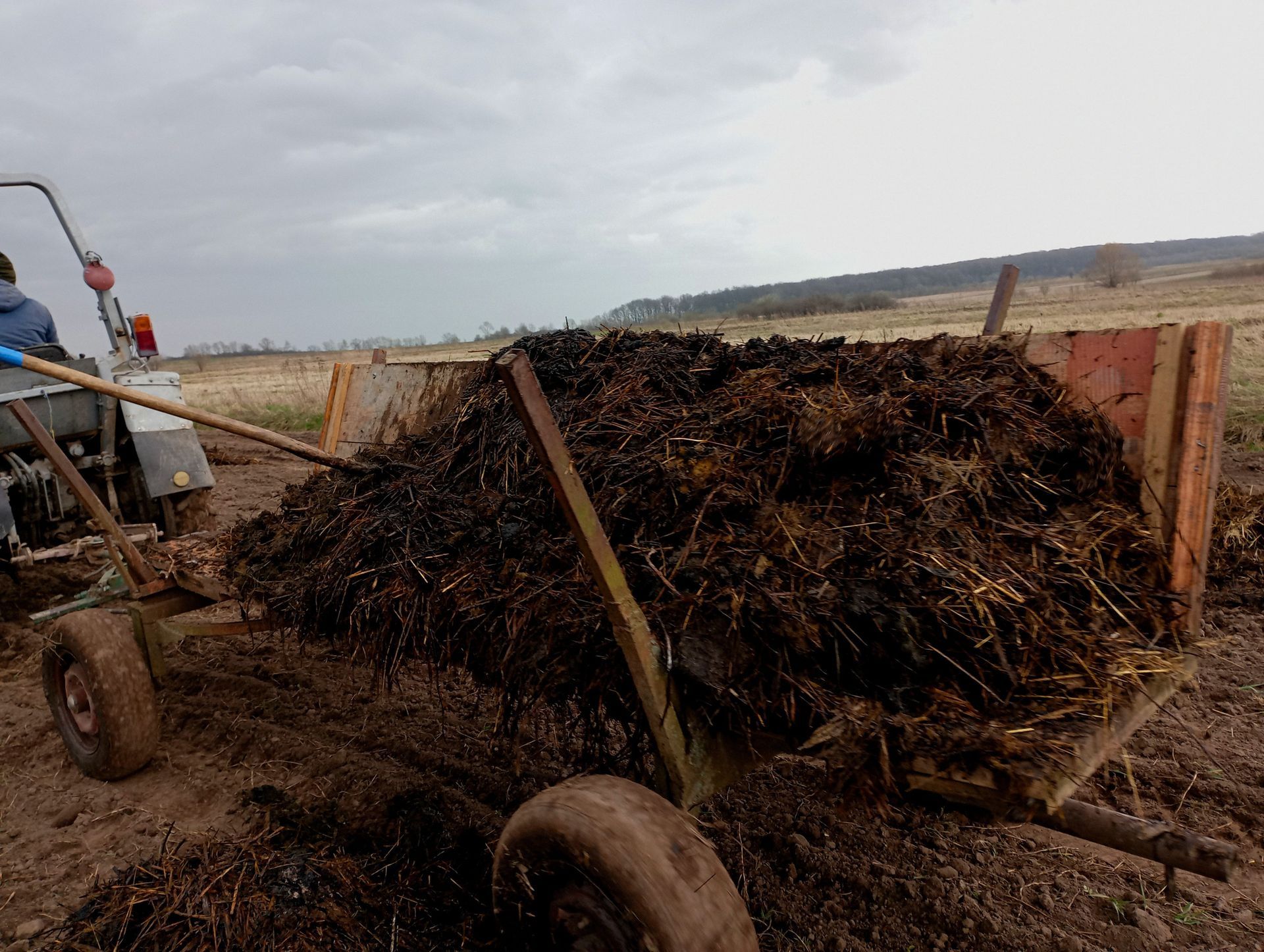 A trailer attached to a tractor transports manure across a field to fertilize the soil