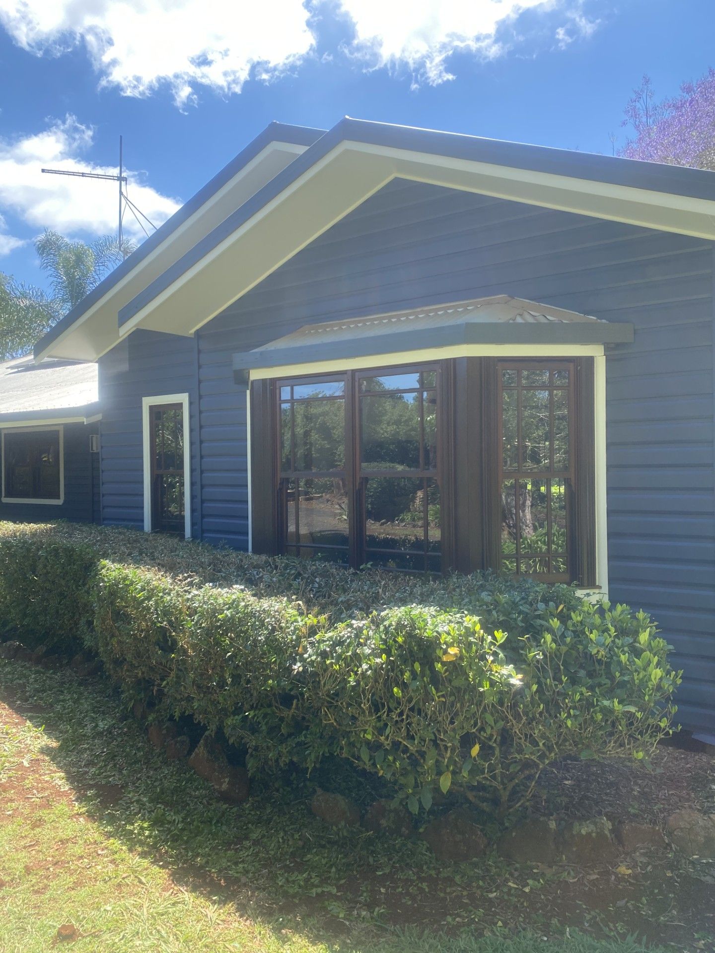 A Blue House With A Lot Of Windows And Bushes In Front Of It — Donnelly Painting In Wollongbar, NSW