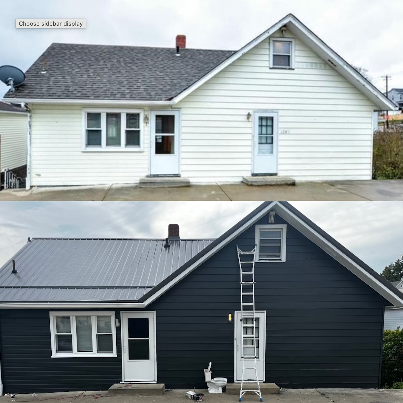 A before and after picture of a house that has been painted black