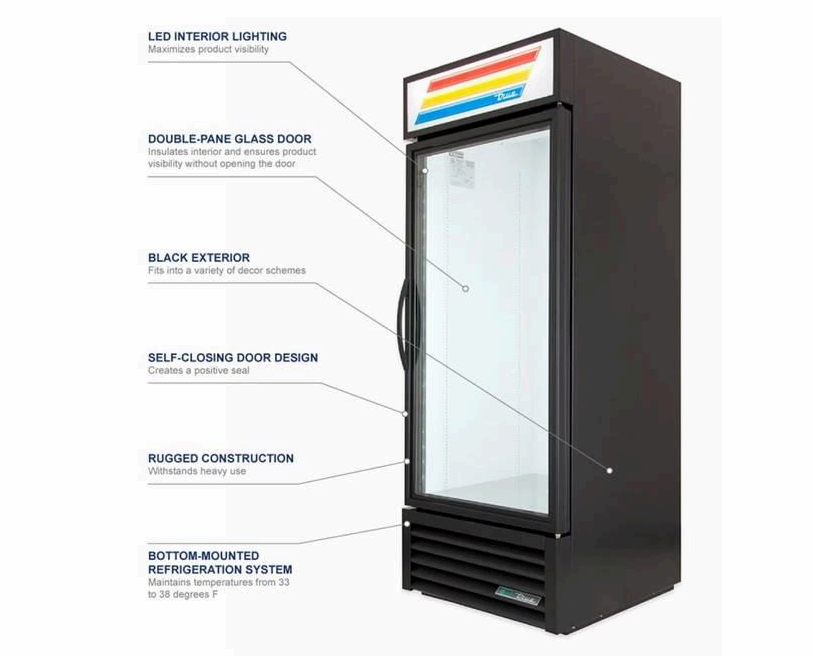 A picture of a refrigerator with a glass door.