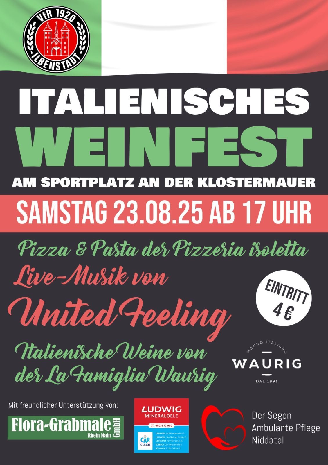 A sign that says ' italienisches weinfest samstag 24.08.24 ab 17 uhr ' on it