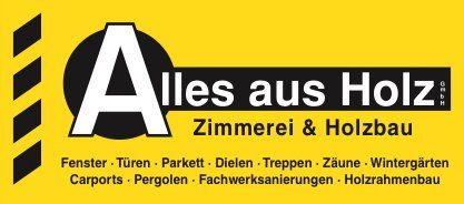 A yellow sign that says alles aus holz zimmerei & holzbau