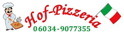 Das Logo der Hof-Pizzeria zeigt einen Koch, der eine Pizza und eine italienische Flagge hält.
