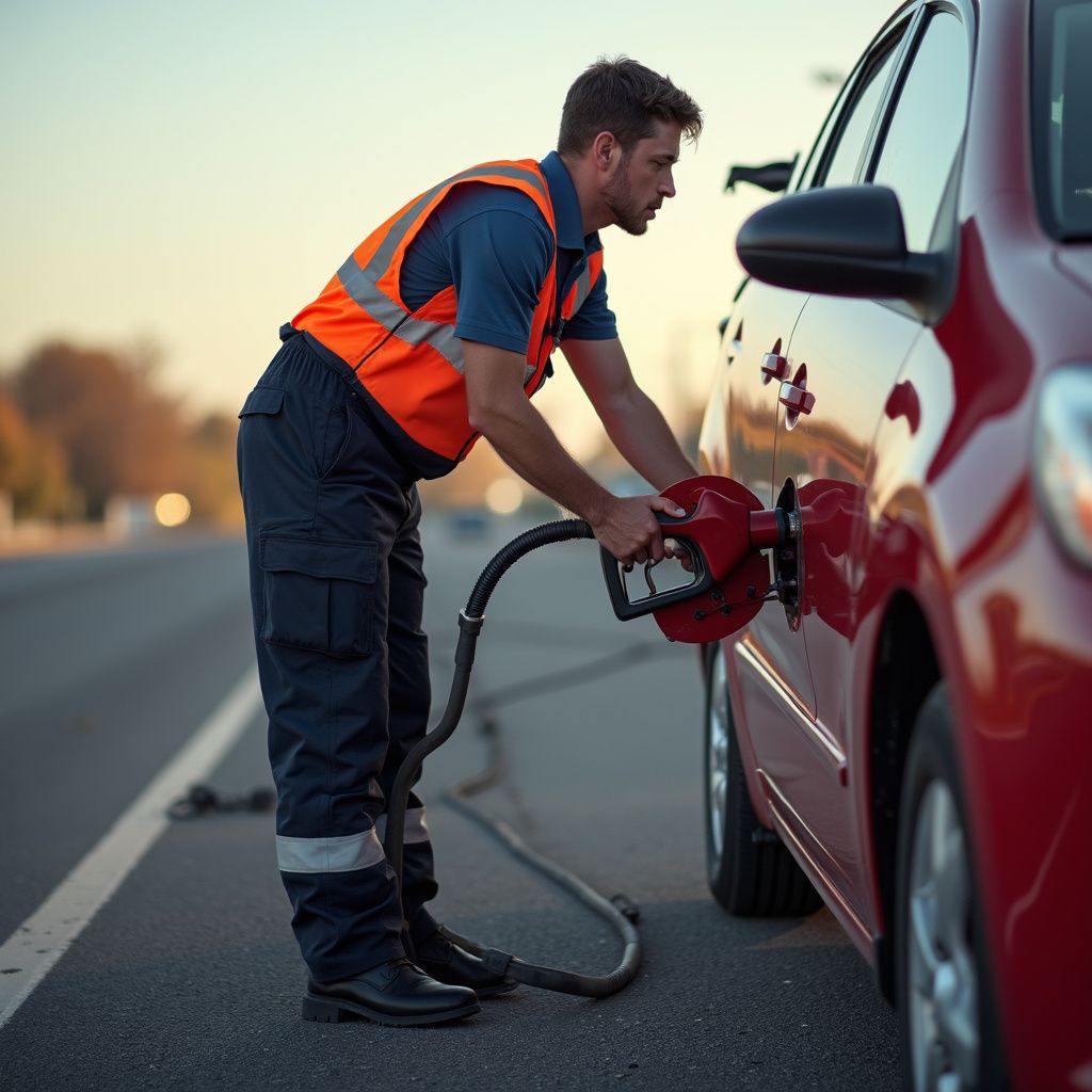 Man in orange vest fueling a red car on the side of a road.