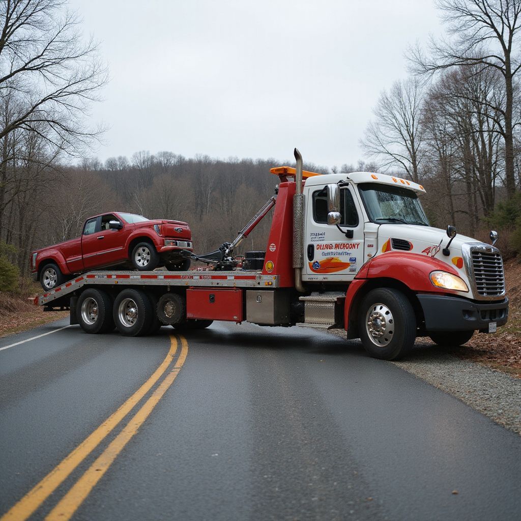 Tow truck carrying a red car on a wet, two-lane road in a wooded area.