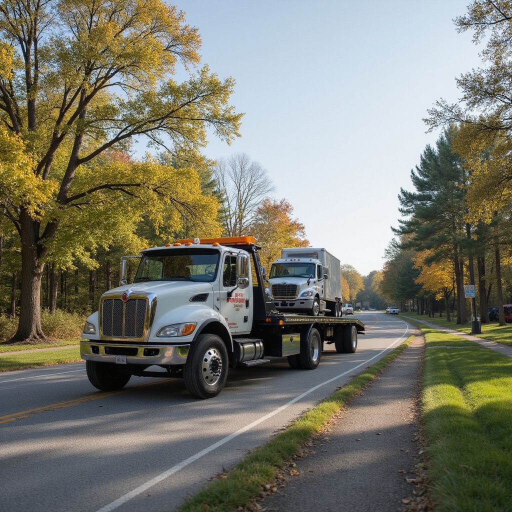 Tow truck hauling a smaller truck on a tree-lined road on a sunny day.