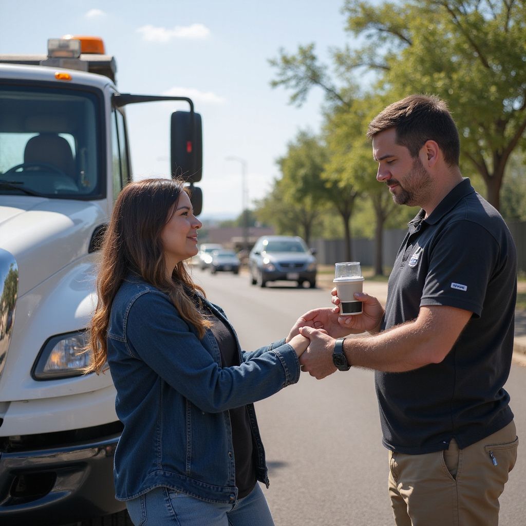 Woman and man on a road; man offers woman a drink. A tow truck is visible. Bright, sunny day.