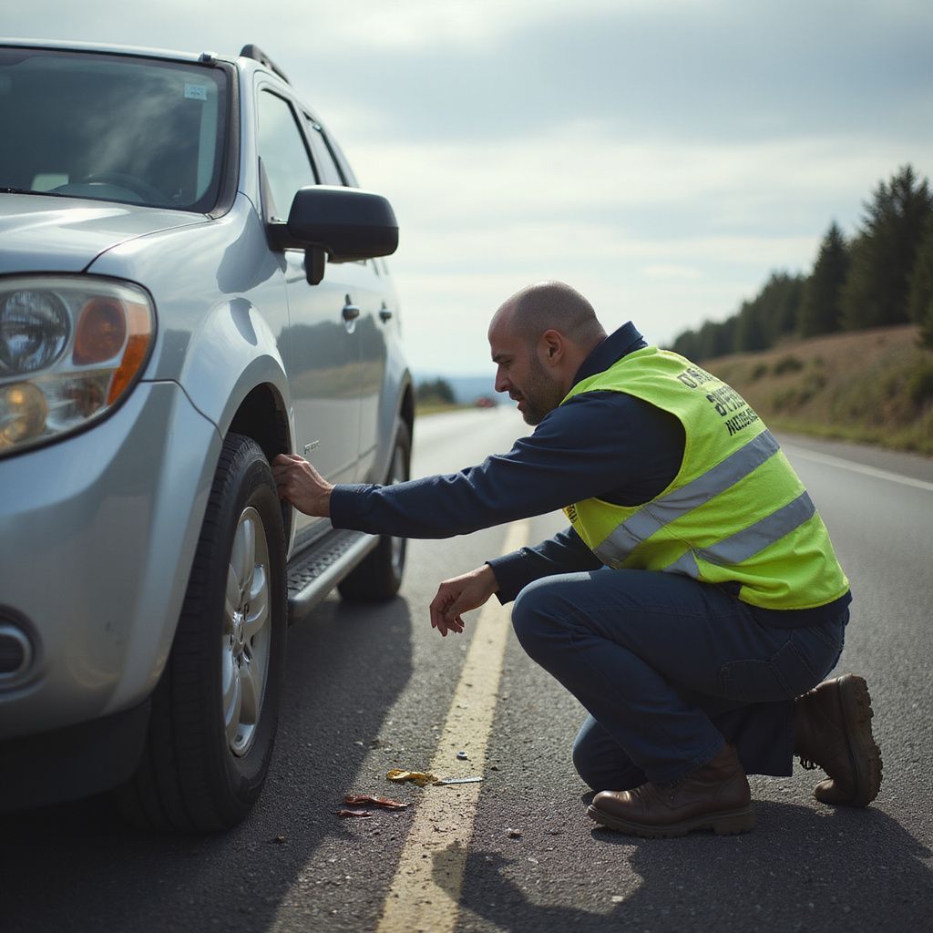 Man in yellow vest checks tire on side of road next to silver SUV.