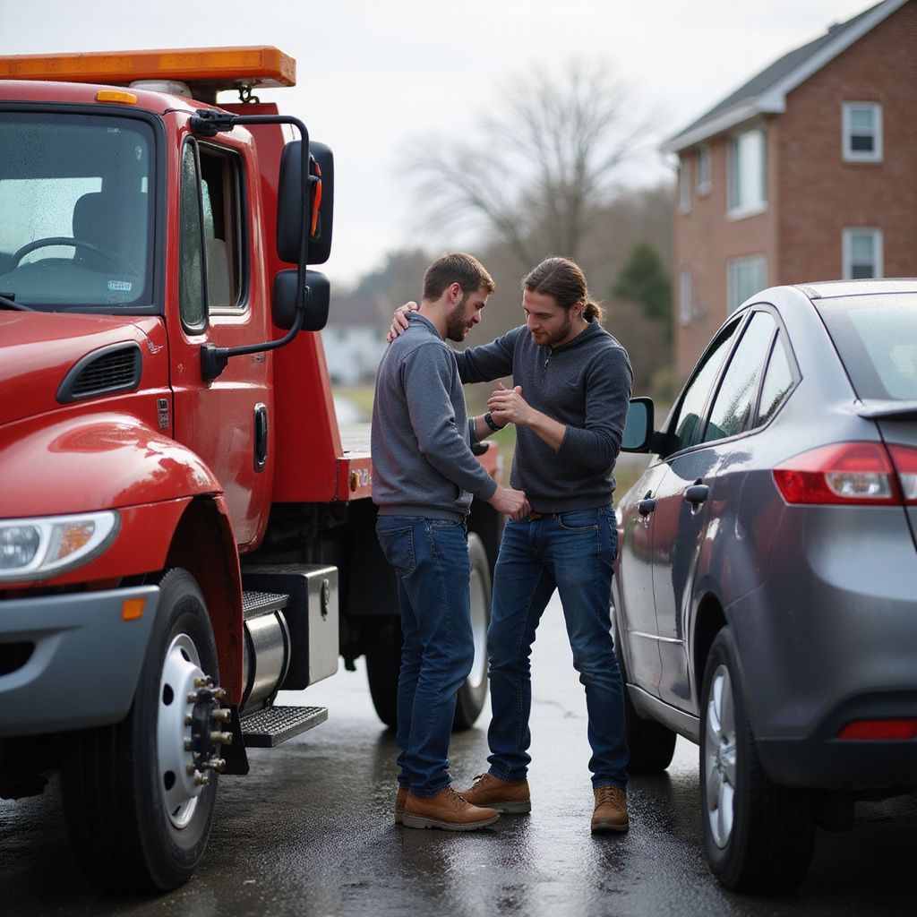 Two men by a damaged gray car and red tow truck after an accident, one comforts the other.