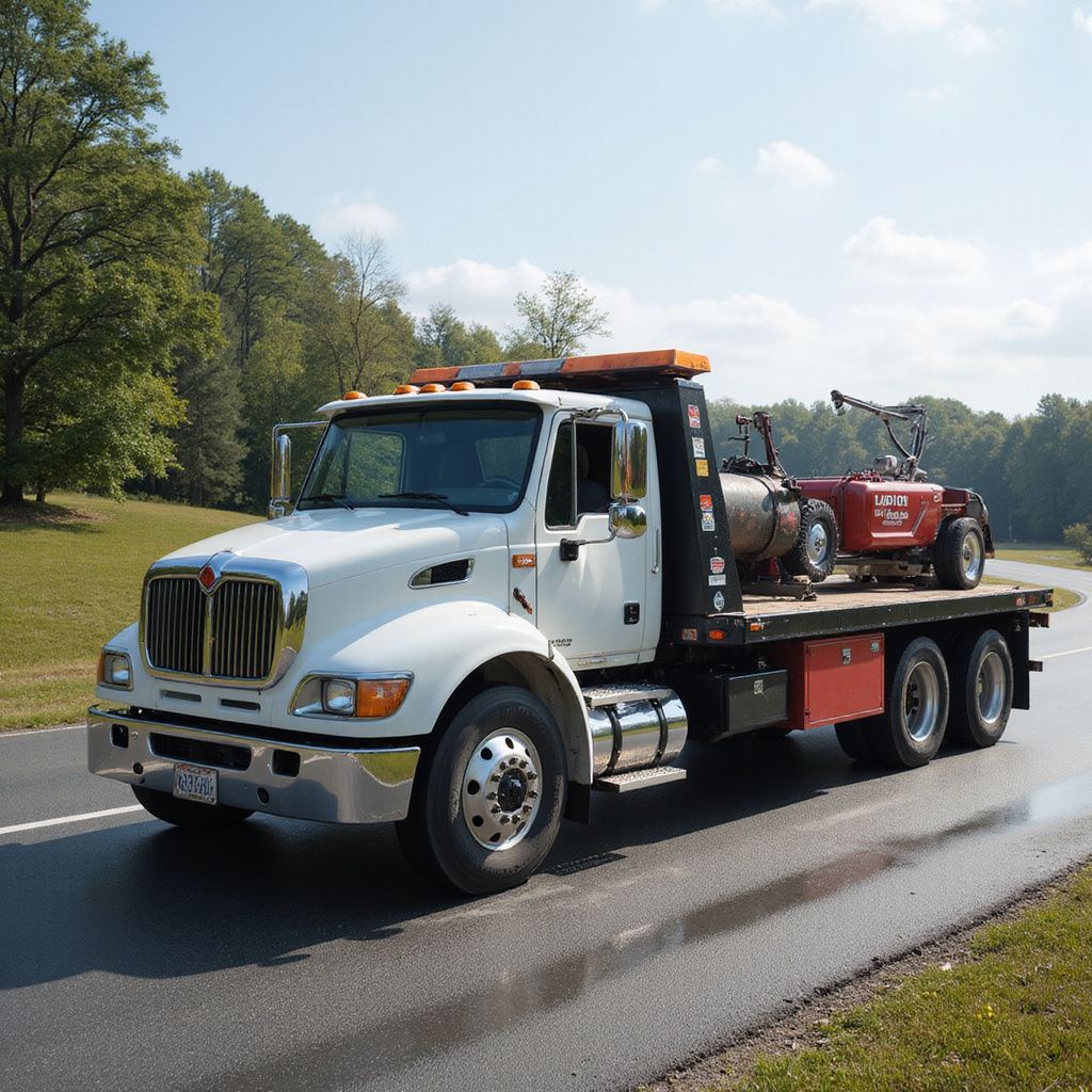 White tow truck with equipment on its flatbed driving on a road.