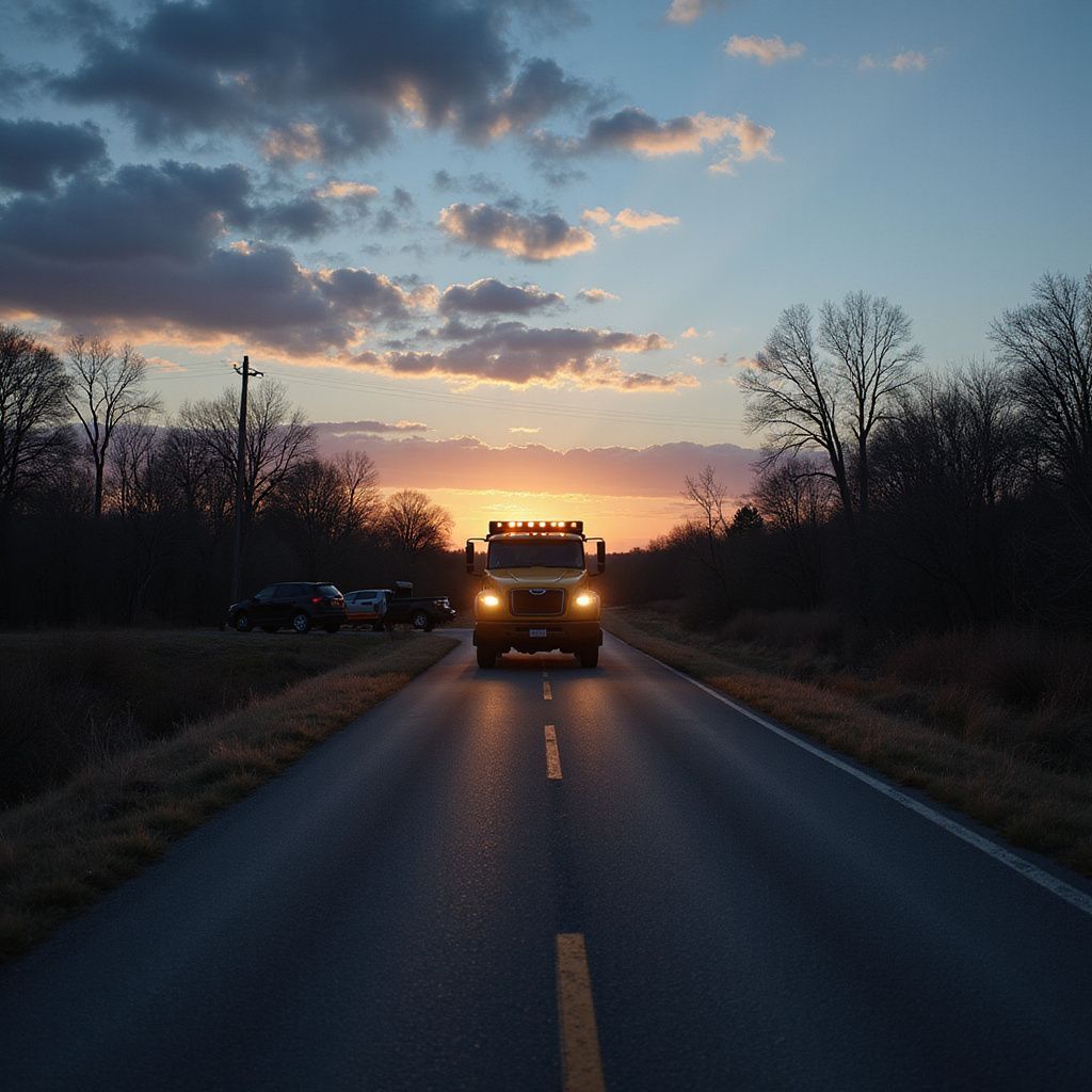 A truck drives towards the camera on a road at sunset, with a bright orange sky in the background.