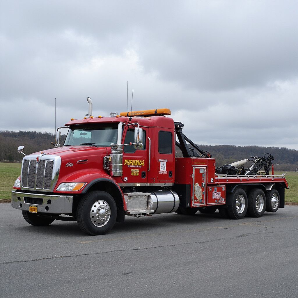 Red tow truck parked on asphalt; cloudy sky in background.