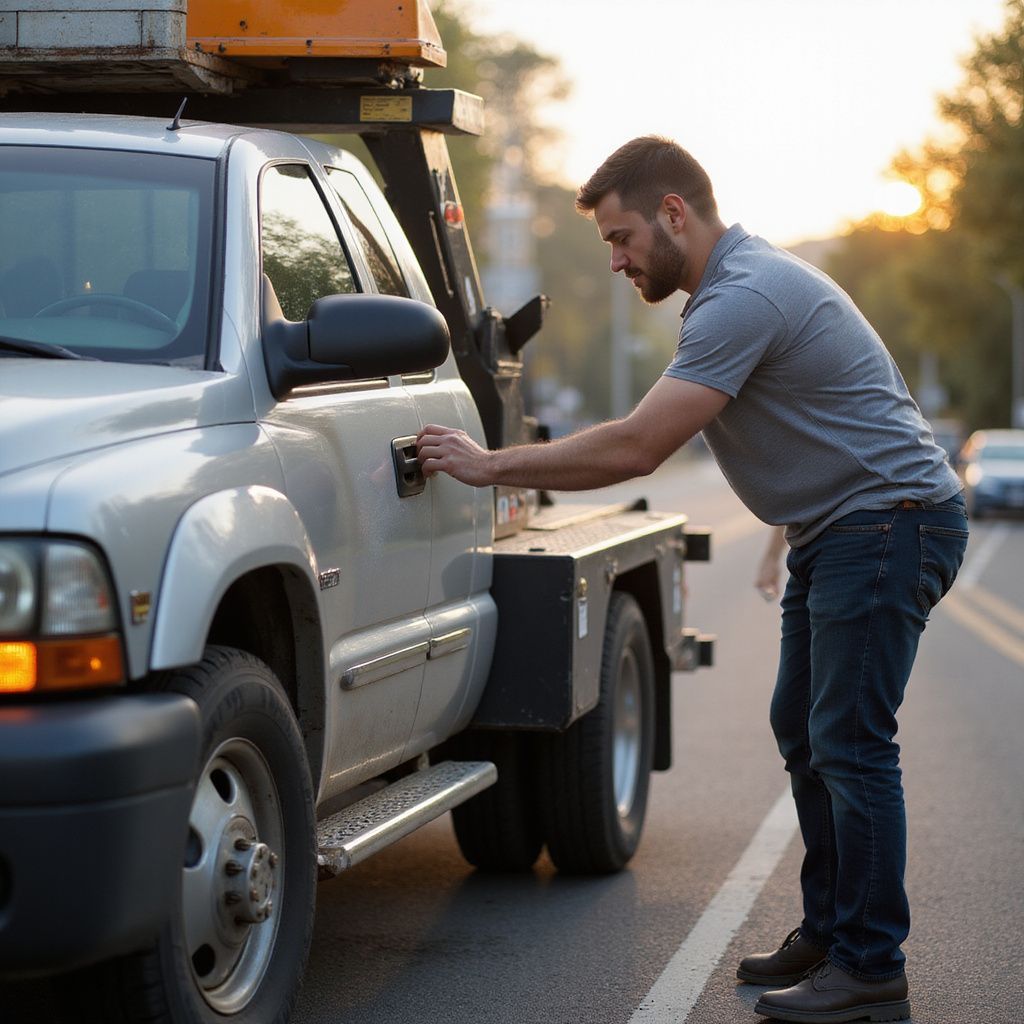 Man in gray shirt opens the door of a tow truck on a street at sunset.
