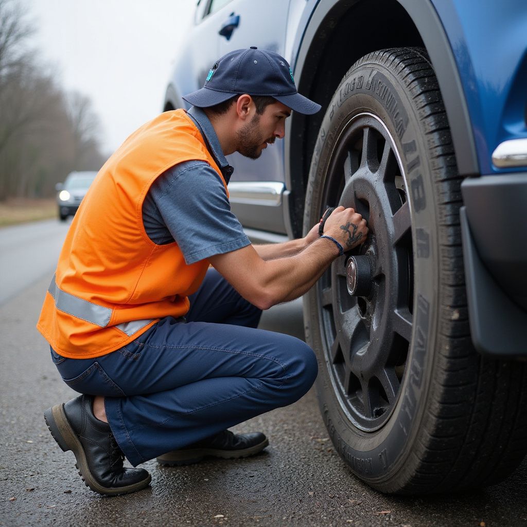 Person in an orange vest changing a tire on a blue car by a road.