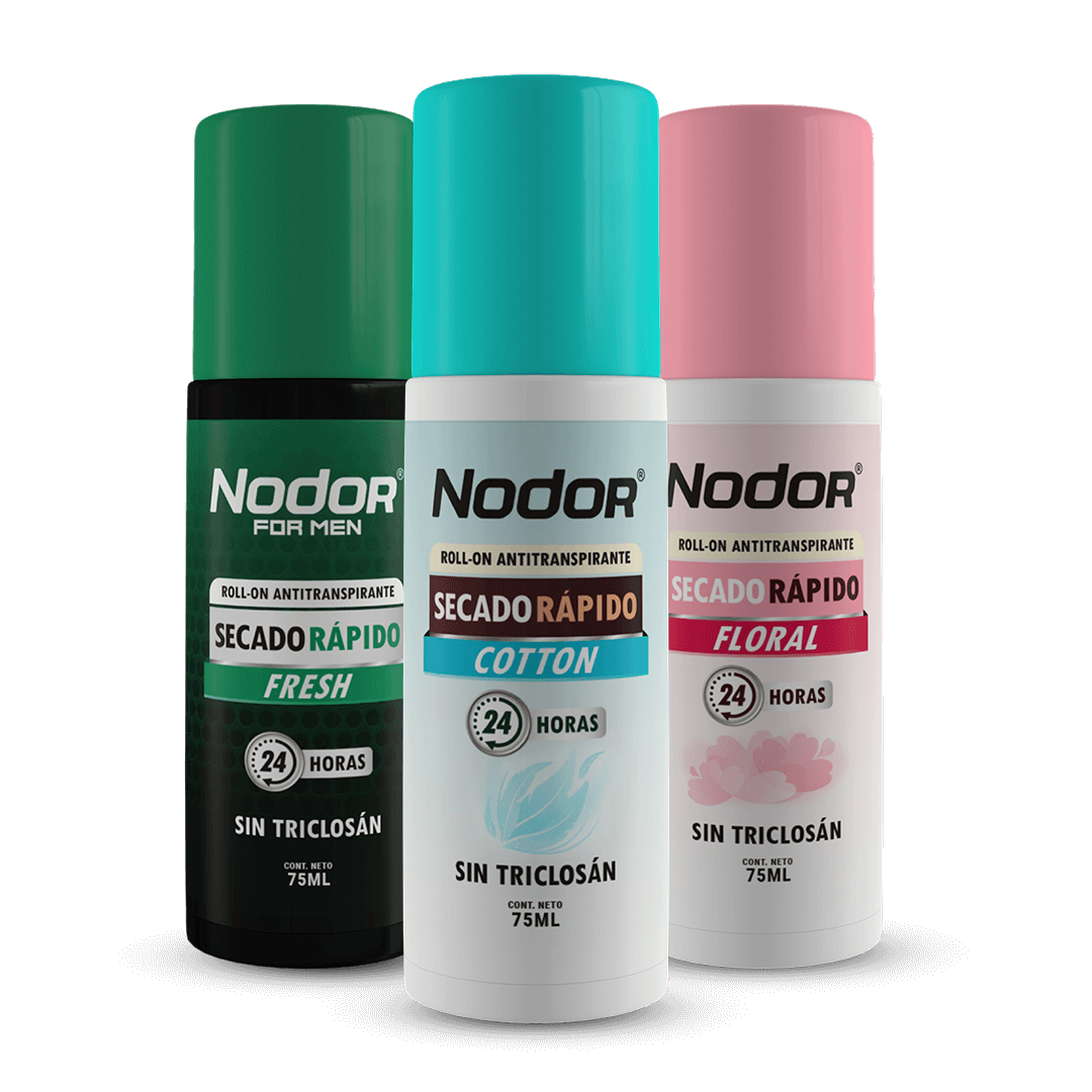 Tres frascos de desodorante en aerosol Nodor de color verde, azul claro y rosa, con la etiqueta 