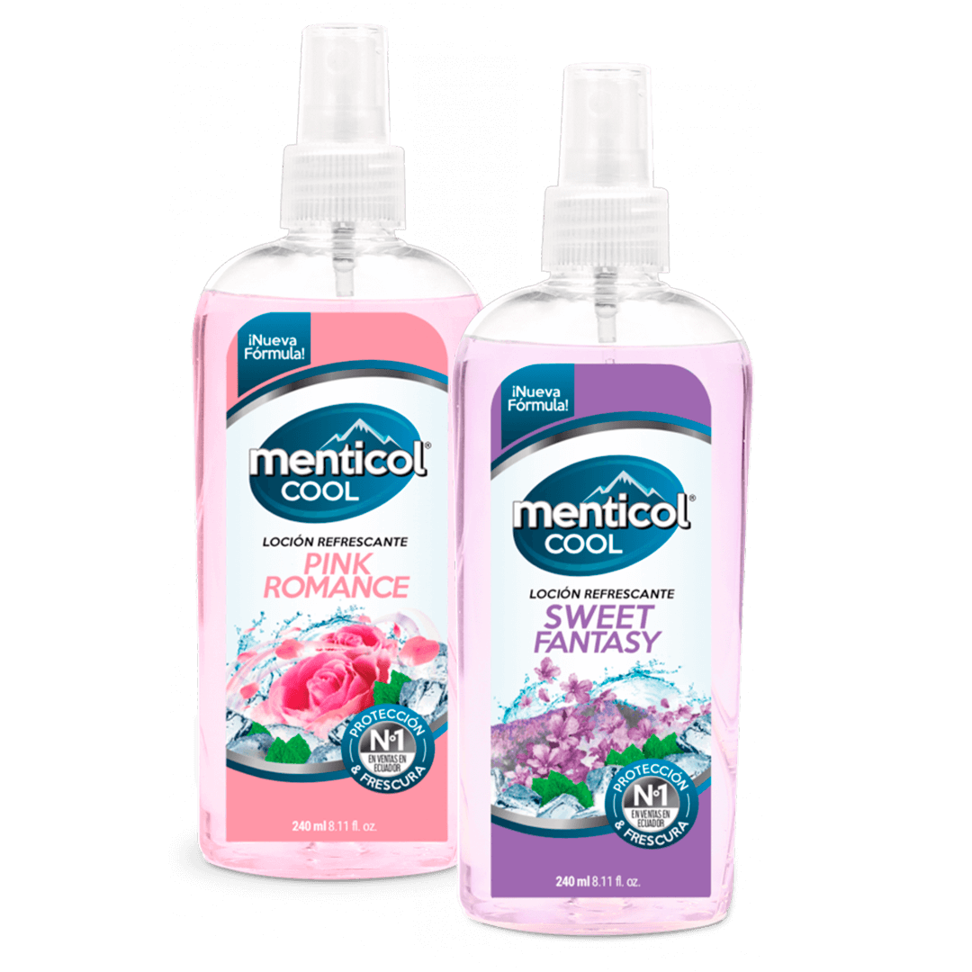 Dos frascos pulverizadores de loción refrescante Menticol Cool, uno con aroma a rosa (Pink Romance) 