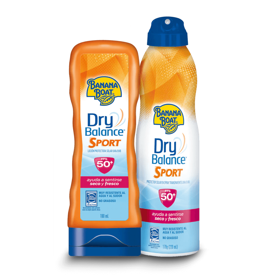 Dos botellas de protector solar Banana Boat Dry Balance Sport, una botella con dosificador 
