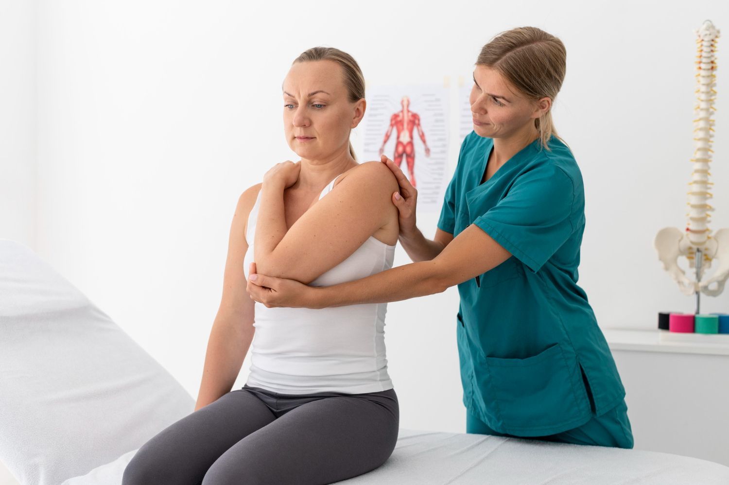 A woman is sitting on a table getting a massage from a nurse.