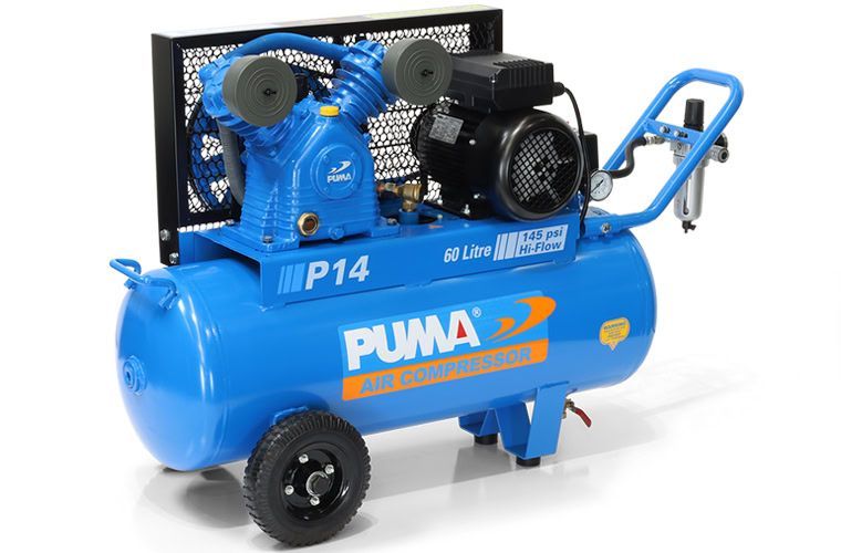 Blue PUMA portable air compressor with black motor, wheels, and handle on a white background — Air & Lift Gear in Buderim, QLD
