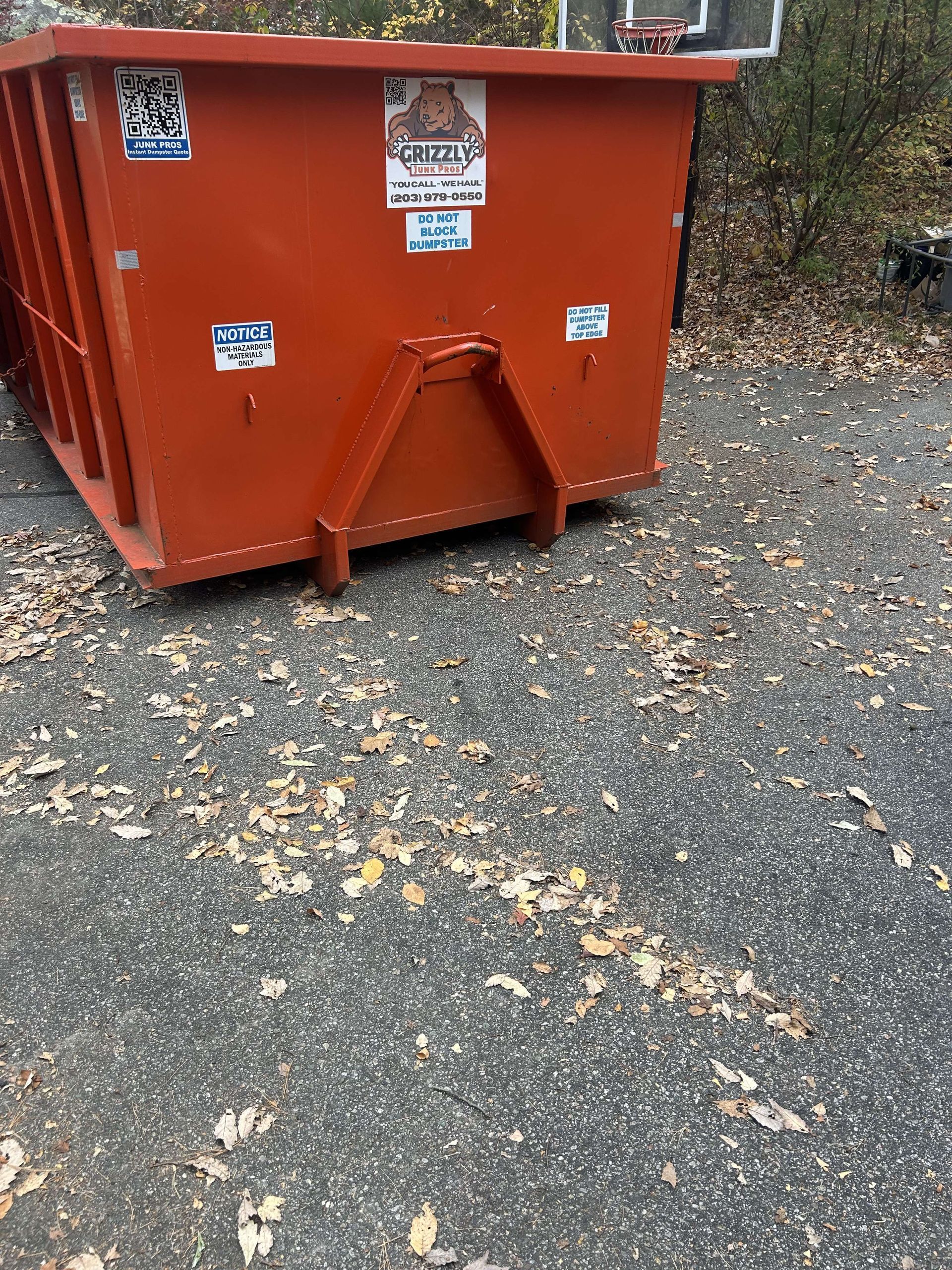 Orange dumpster on asphalt covered in fallen leaves.