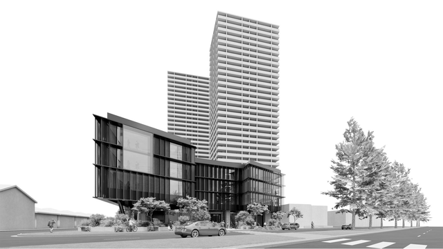 Modern high-rise and low-rise black-and-white building rendering with trees along a street