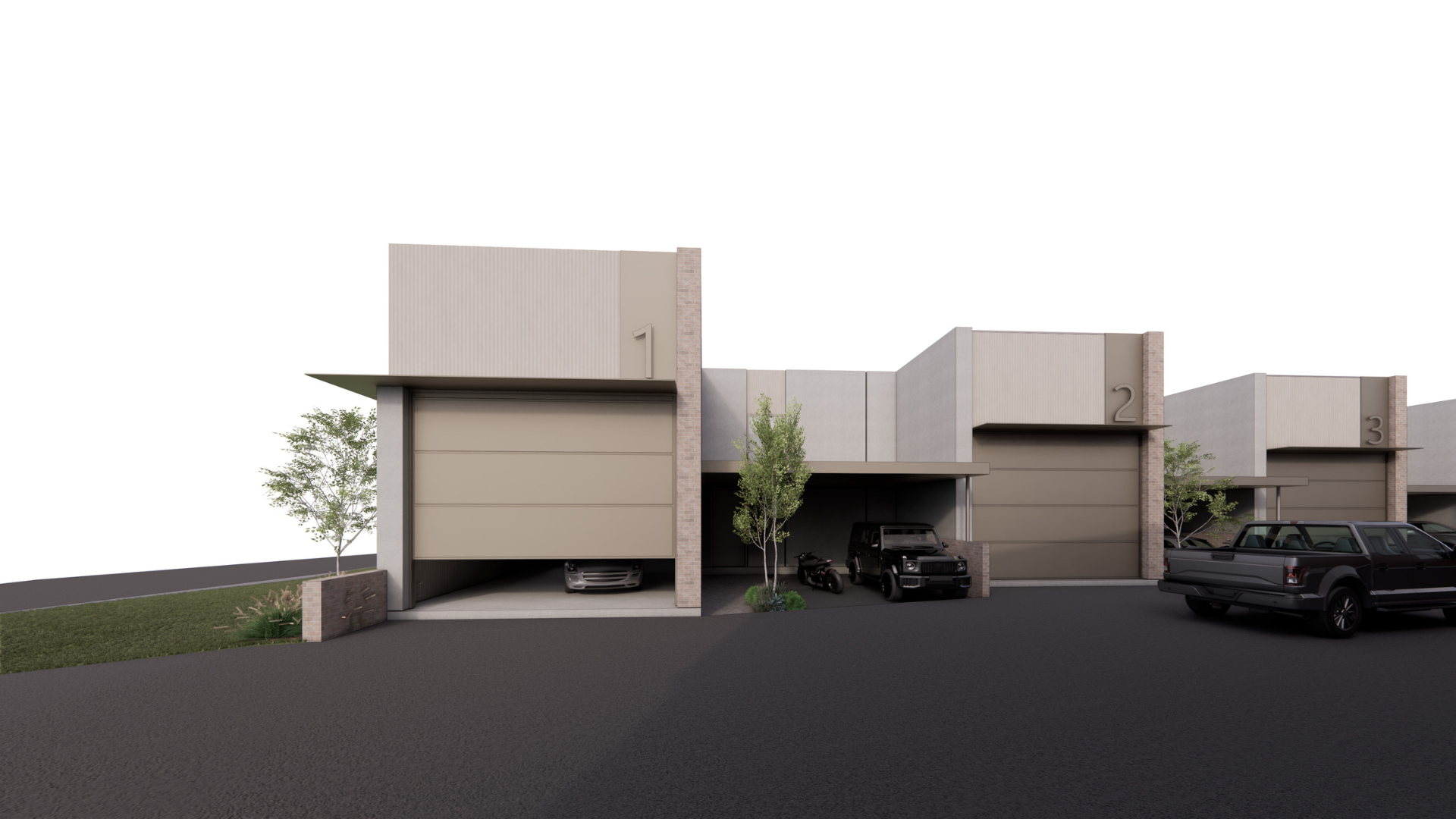 Modern townhouse garages and parked cars on a paved driveway under an overcast sky